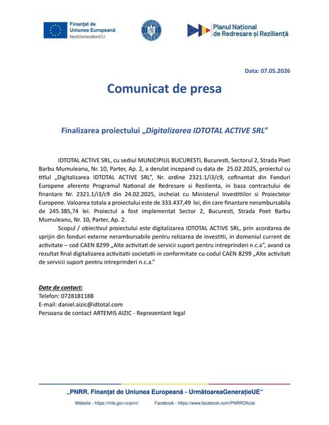 Finalizarea proiectului Digitalizarea Idtotal Active SRL